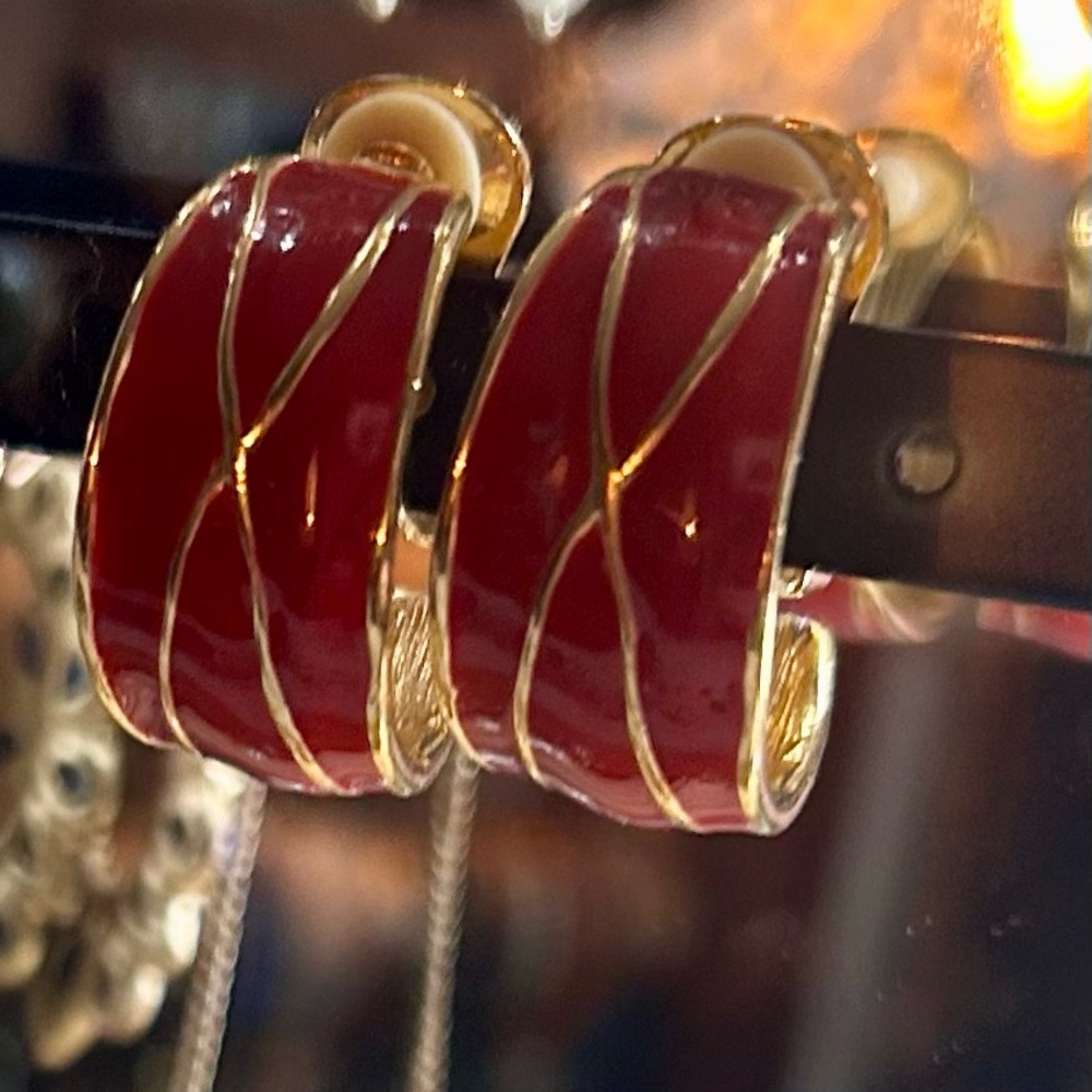 Like New Red and Gold Chunky Clip On Hoop Earrings - Vintage